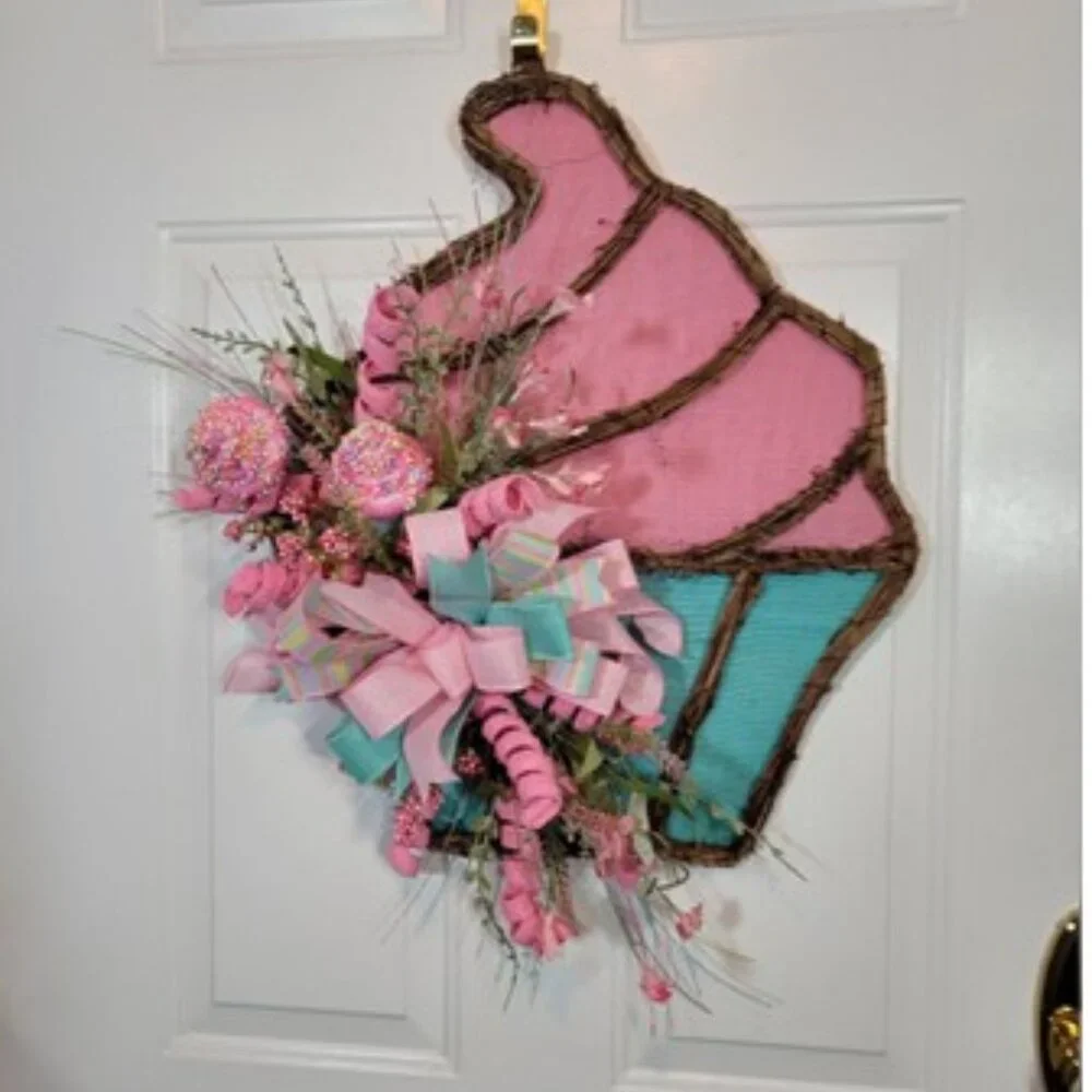 Cupcake Wreath, Pink Blue Birthday Cupcake Front Door Wreath, Hand Crafted